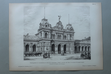 Holzstich Architektur Mainz 1887 Empfangsgebäude des Centralbahnhofs der Hessischen Ludwigsbahn